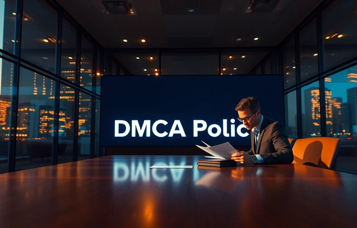 Cinematic wide banner of a modern legal office with DMCA Policy digital display
