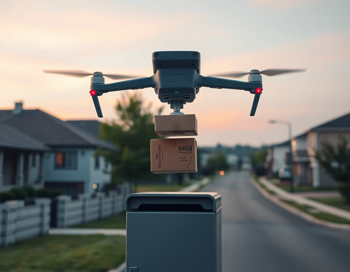 Drone delivering package to suburban neighborhood at dawn, innovative delivery technology