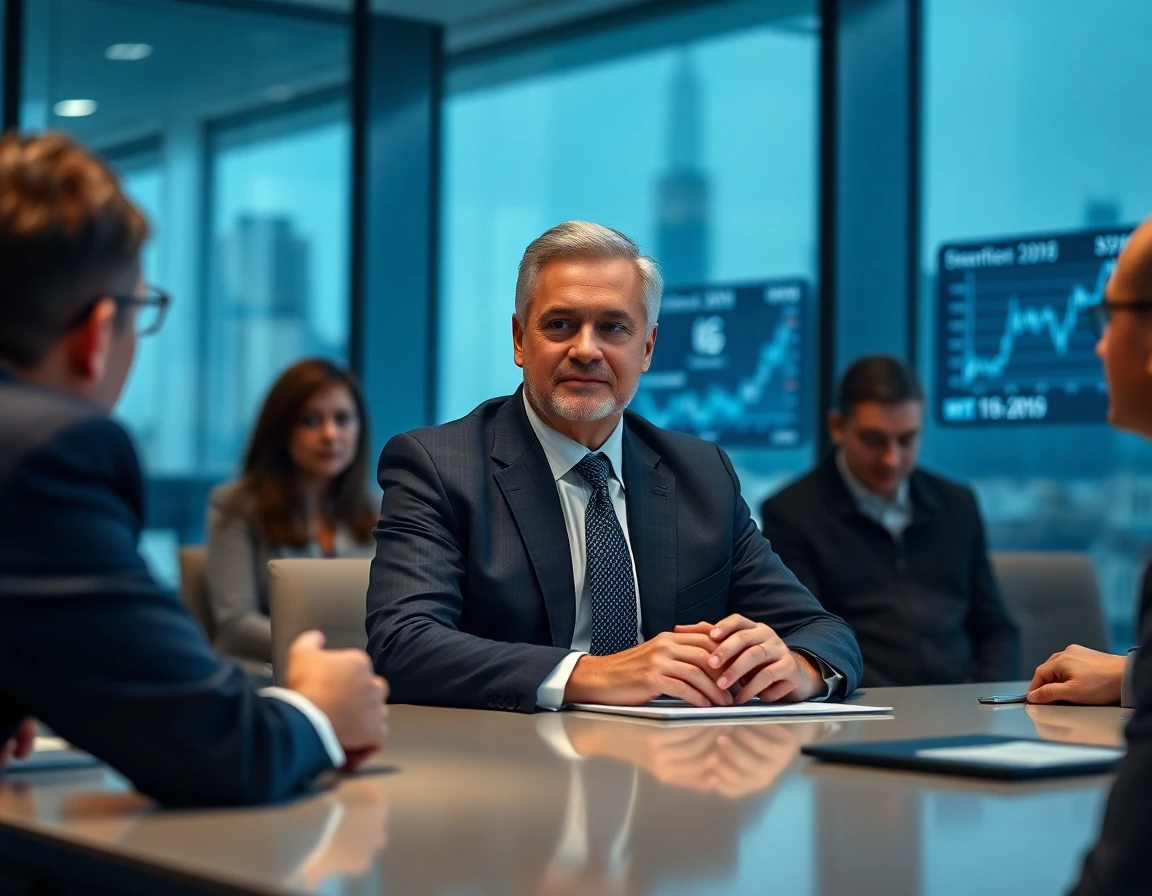 middle-aged businessman in a suit discussing finance strategies in a modern conference room