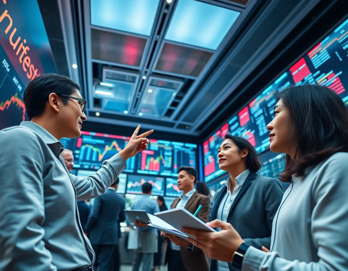 diverse finance professionals collaborating in a modern newsroom with digital displays