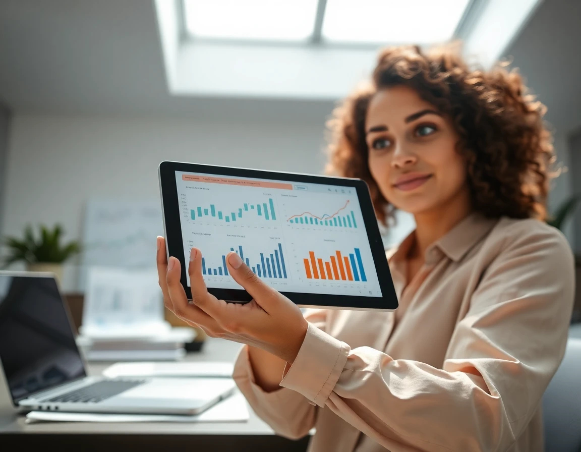 young female analyst viewing financial charts on a tablet in a modern workspace