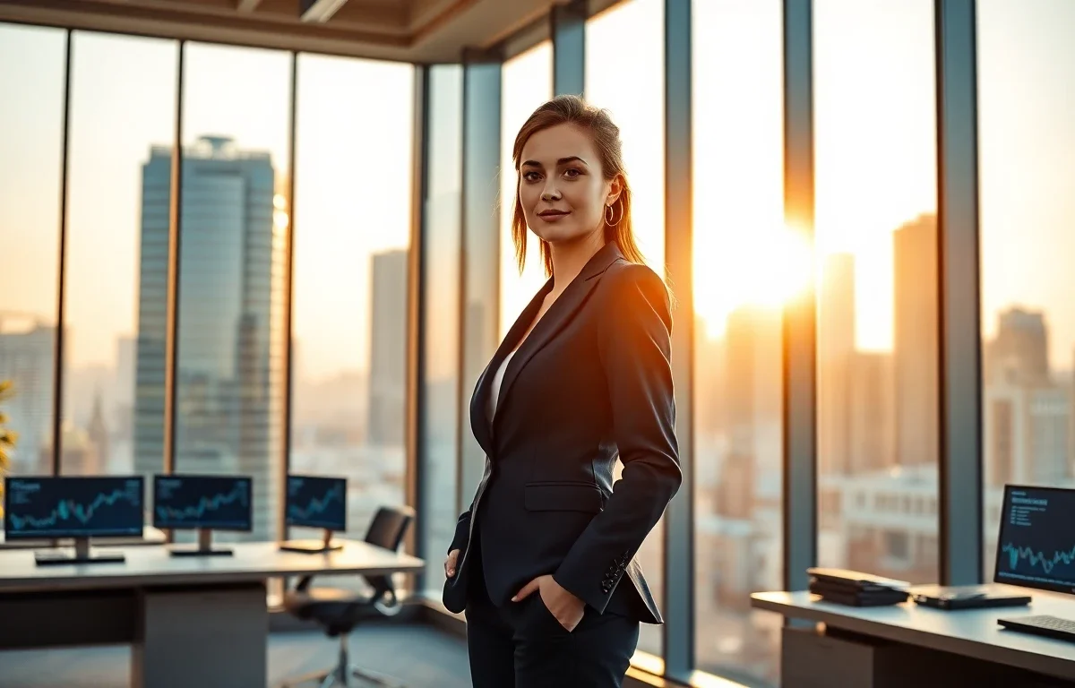 cinematic wide banner of a confident female executive in a modern finance office during golden hour