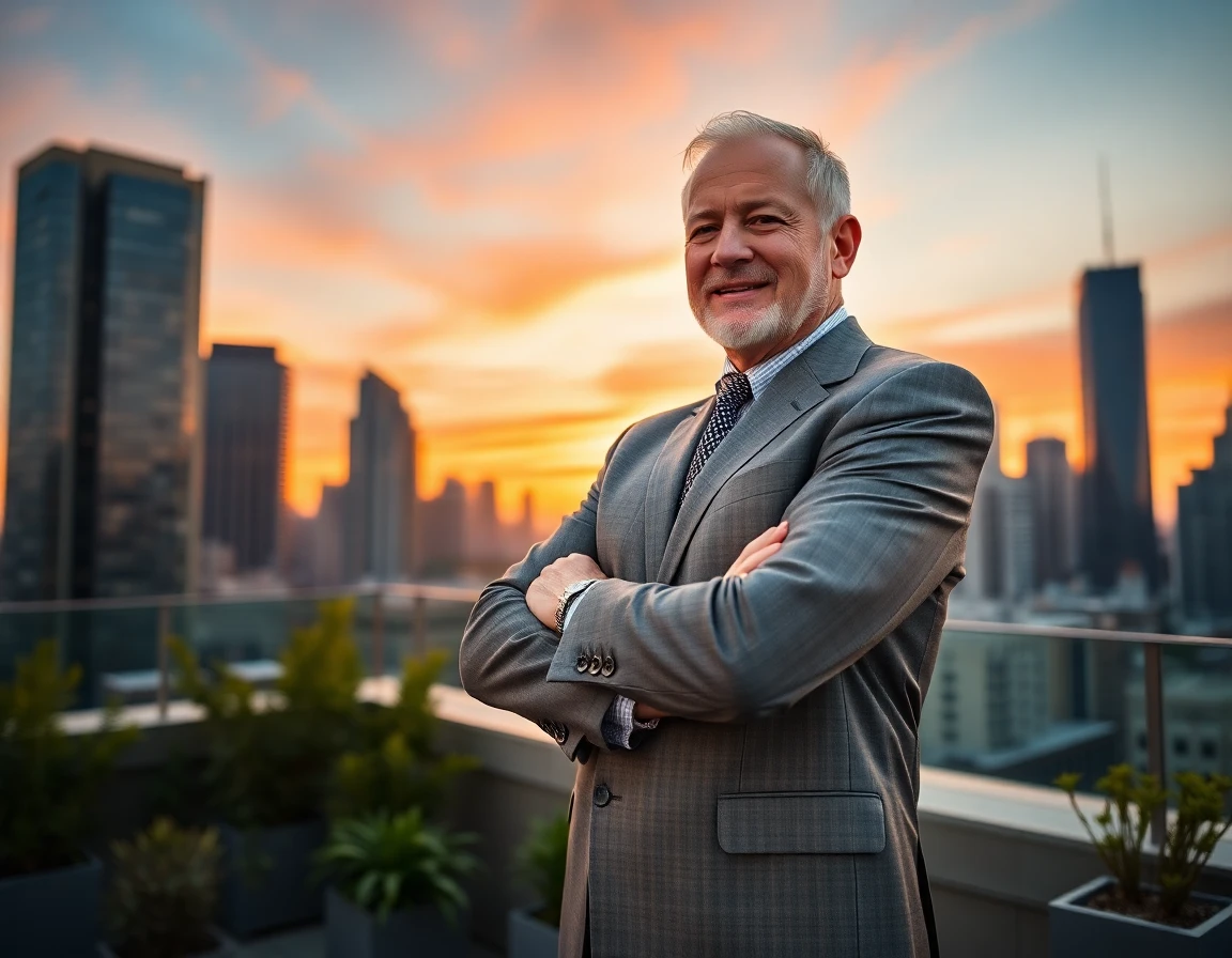 confident senior male financial advisor on rooftop at sunset overlooking city skyline