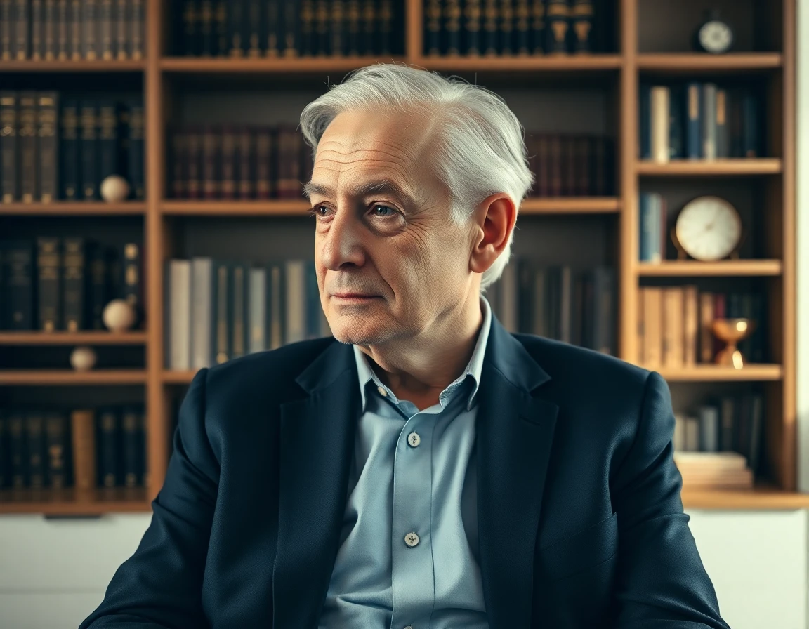 Elderly finance contributor in a minimalist office with a contemplative expression