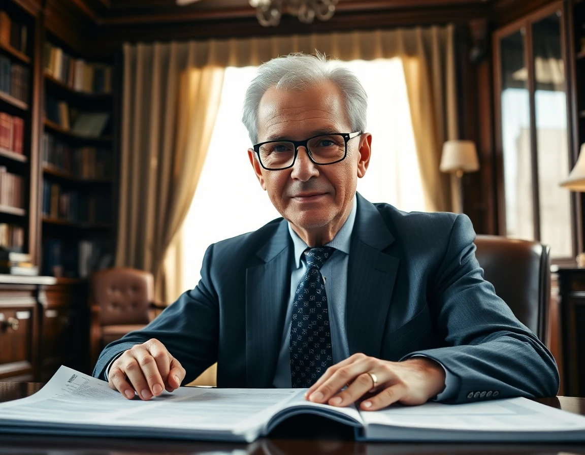 Senior financial advisor in luxurious office with reports and books, conveying trust and wisdom