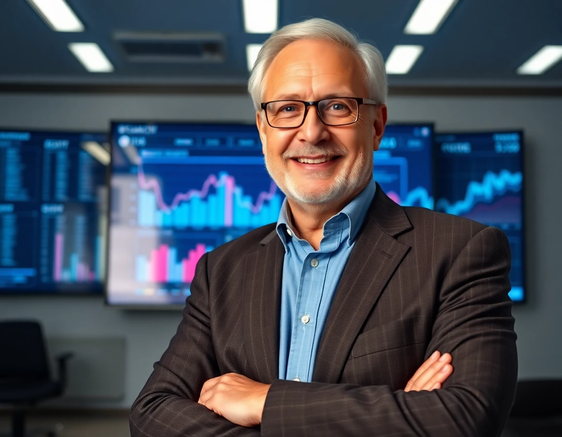 Elderly male financial consultant in front of digital dashboard in modern office