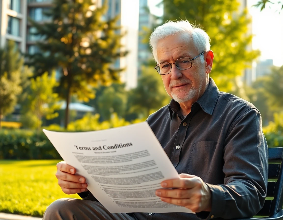 Elderly man reviewing printed legal documents outdoors in urban park for finance article