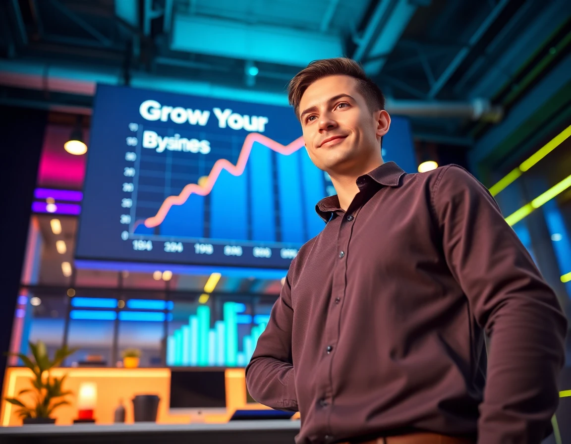 confident young entrepreneur in office with upward financial graphs and growth message
