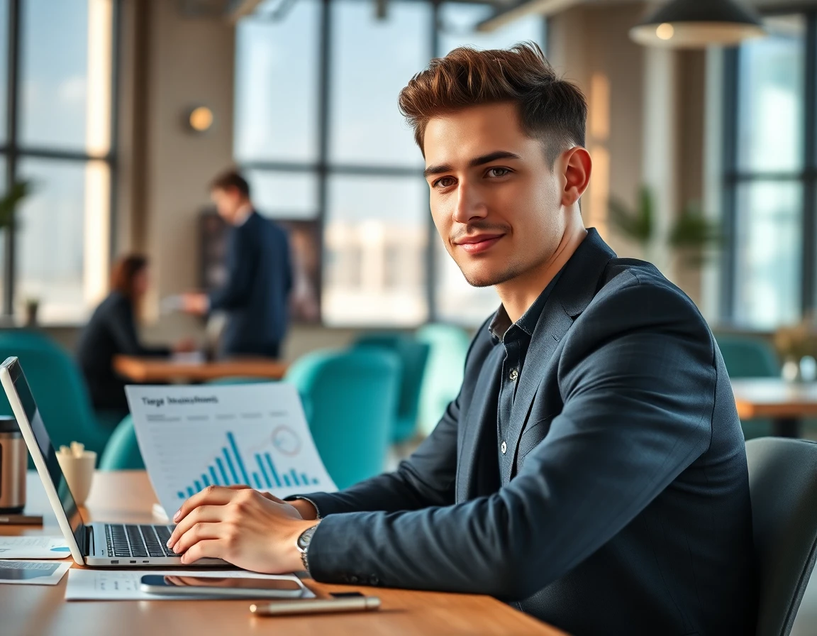 Young male entrepreneur working at desk with financial charts and laptop in co-working space