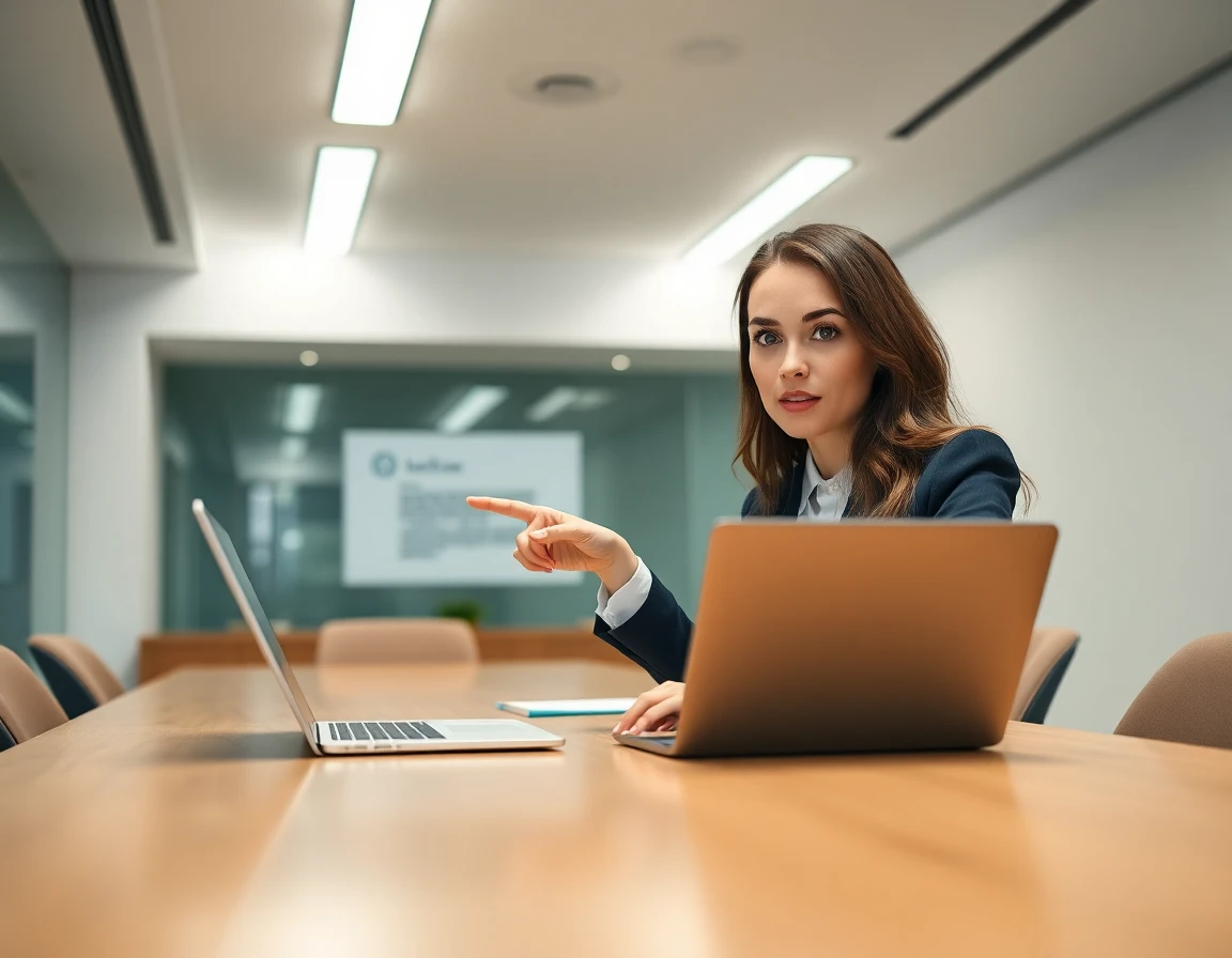 Female lawyer presenting terms and conditions on digital laptop in modern office environment