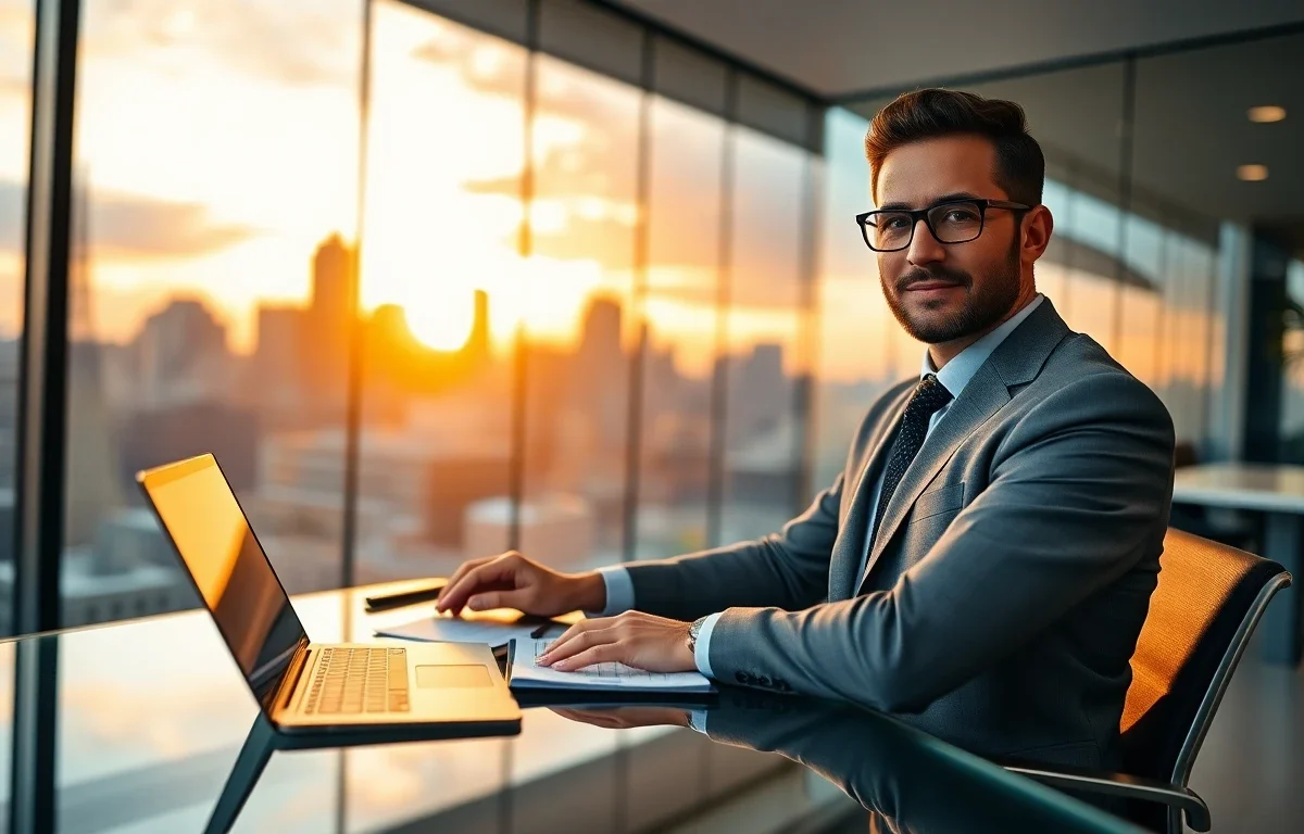 Professional financial advisor in modern office with city skyline at dusk