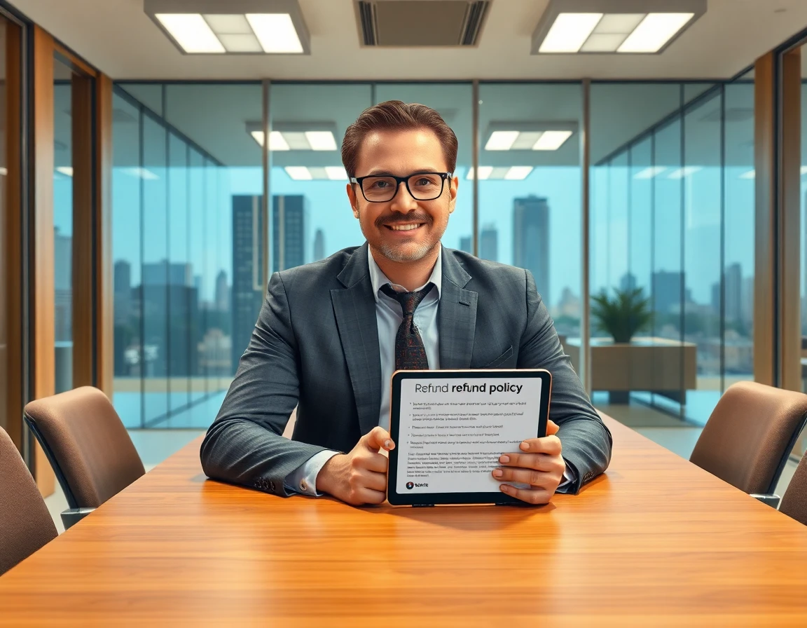 Financial advisor discussing refund policy with digital tablet in modern office