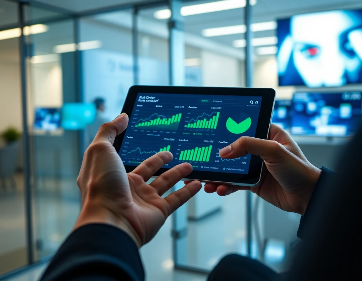 Close-up of hands holding a tablet with bulk order data in a modern office setting