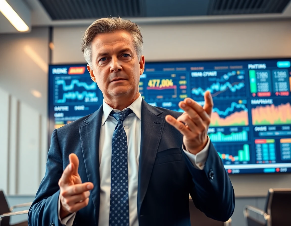 middle-aged male financial advisor presenting data on digital screen in conference room
