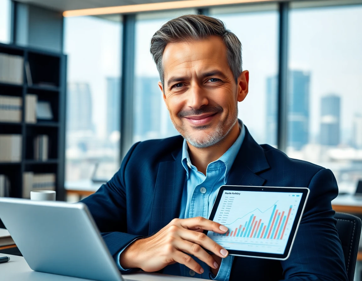 professional financial advisor with tablet and charts in office