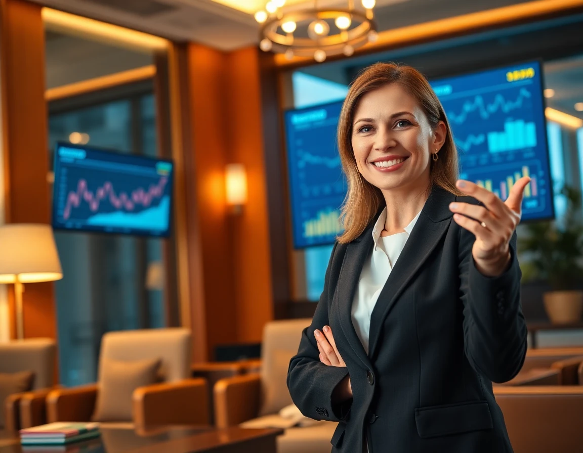 Female financial advisor presenting financial charts in a modern office setting