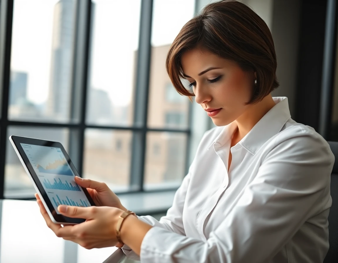 Financial analyst analyzing cookie policy data on tablet, modern office setting