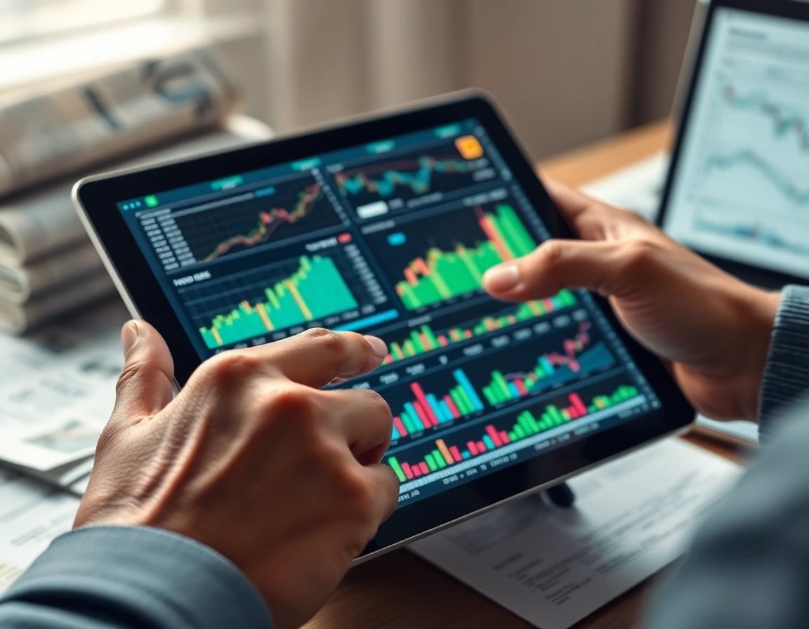 Close-up of financial analyst's hands analyzing charts on a digital tablet