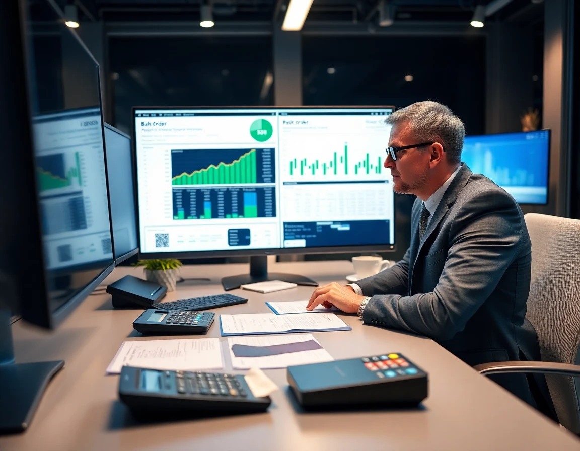 Financial analyst reviewing bulk order reports on a monitor in a modern office
