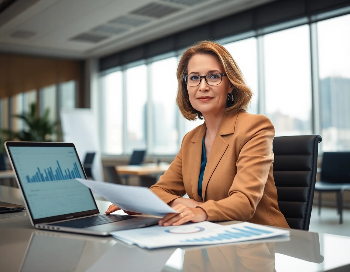 Financial analyst reviewing reports at her desk in a professional office environment