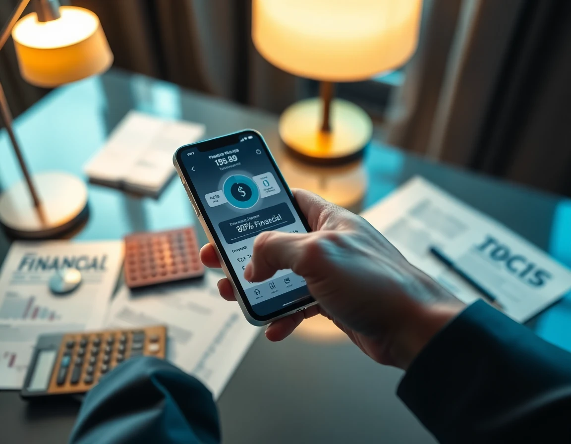 Close-up of hand using a smartphone with financial app in a modern workspace