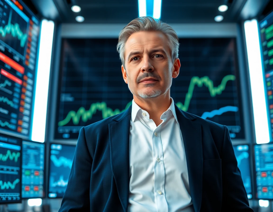 Male financial contributor analyzing data in a high-tech command center
