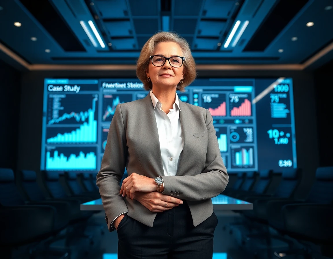 Senior financial consultant presenting complex data on a large digital screen in a modern conference room