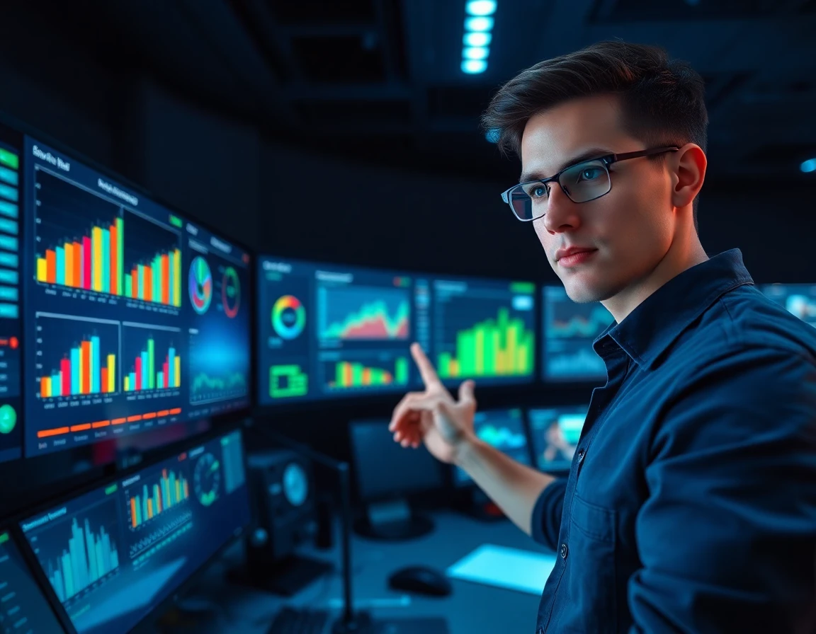 male analyst analyzing colorful financial charts on digital screen in control room