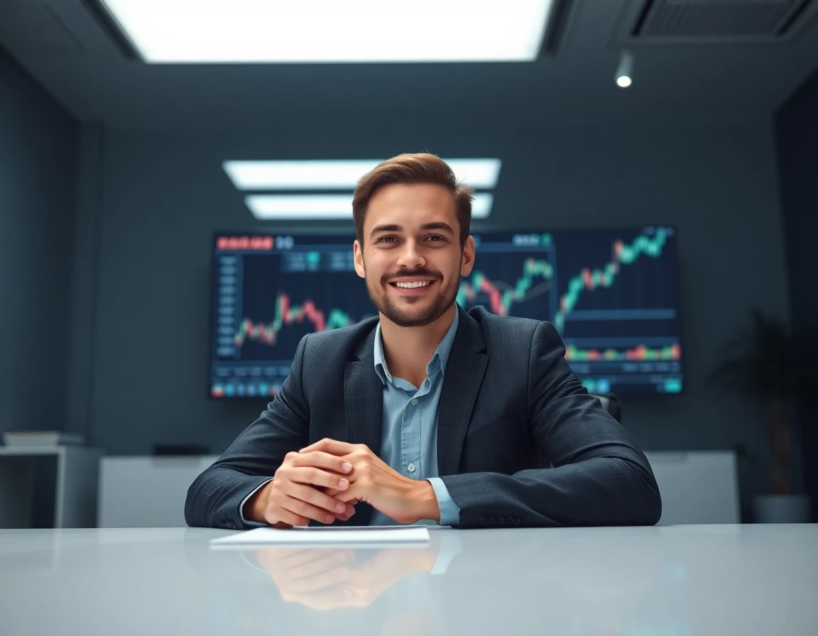Young professional financial expert working at modern office desk with digital graphs