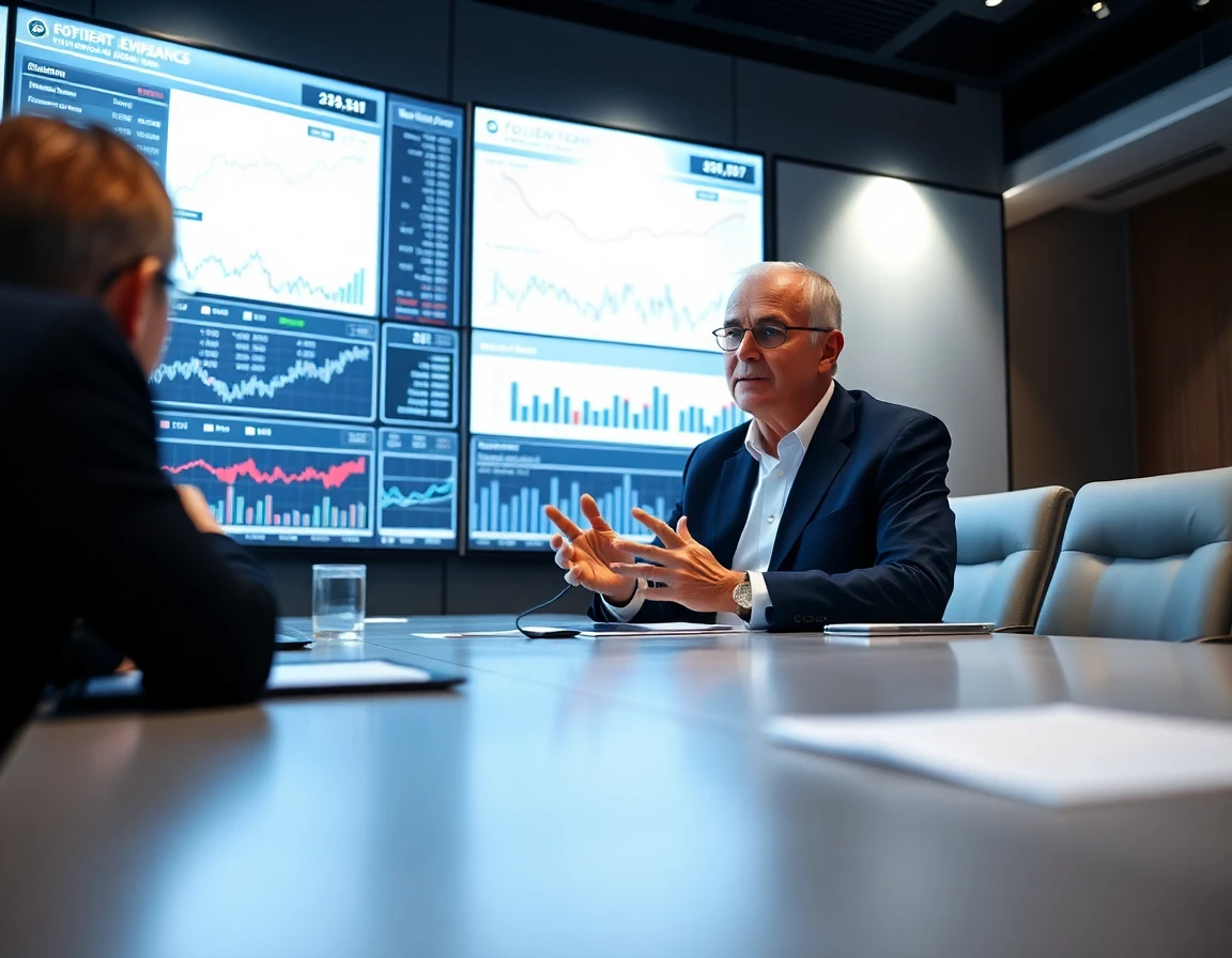 male financial expert presenting data in conference room with digital screen, authoritative mood