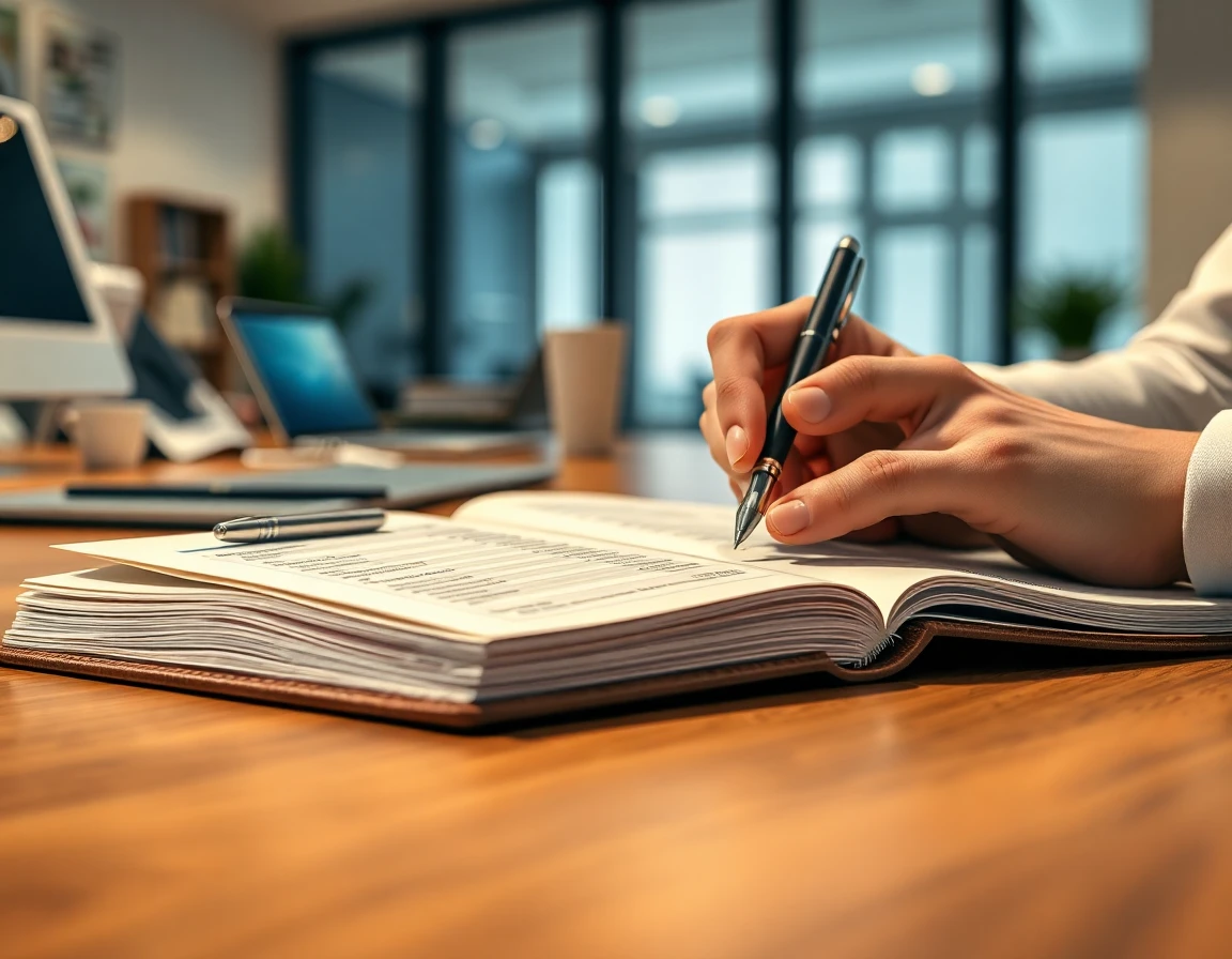 Close-up of a well-organized financial ledger with a pen on a tidy desk