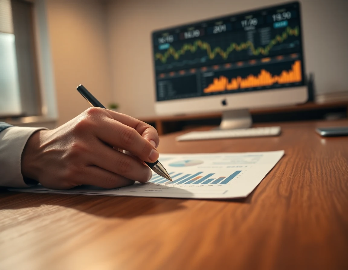 Close-up of hand holding pen over financial ledger with charts and graphs in office setting