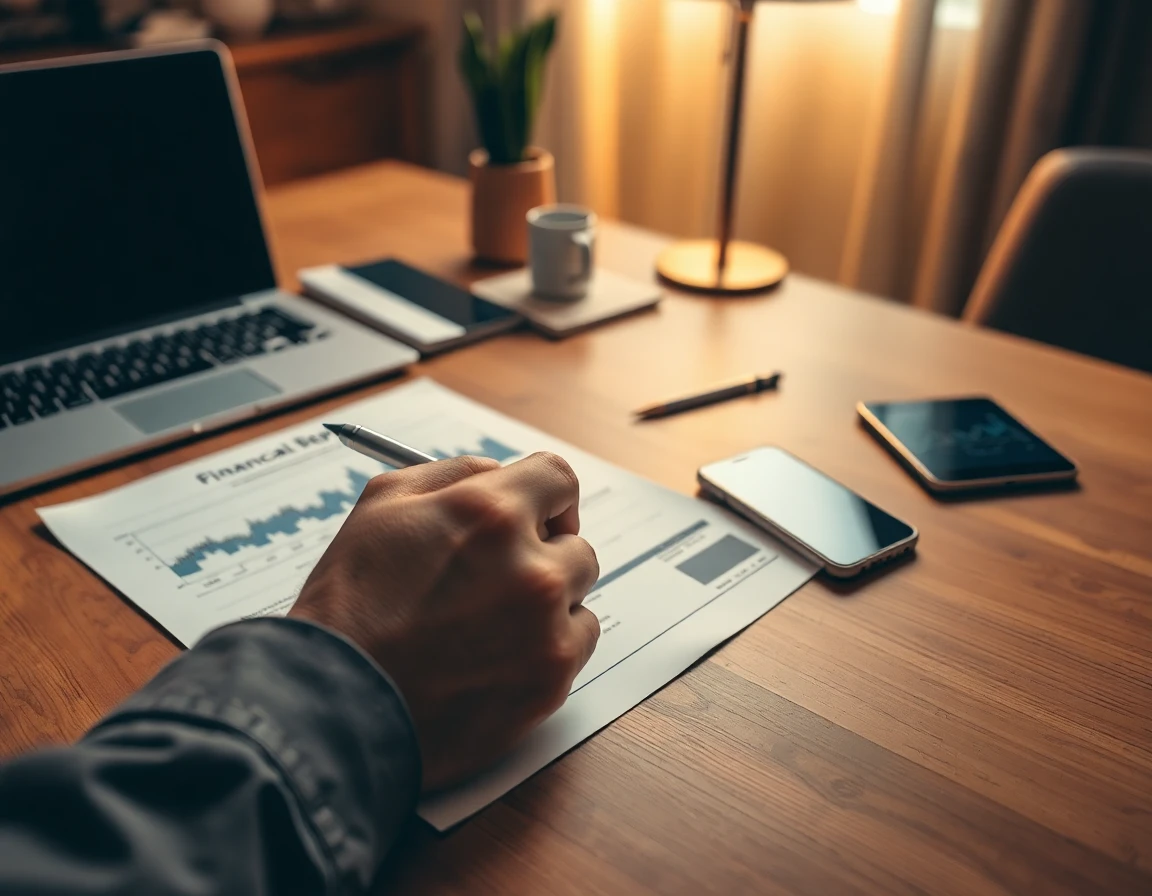 close-up of hand reviewing financial report on wooden desk with devices