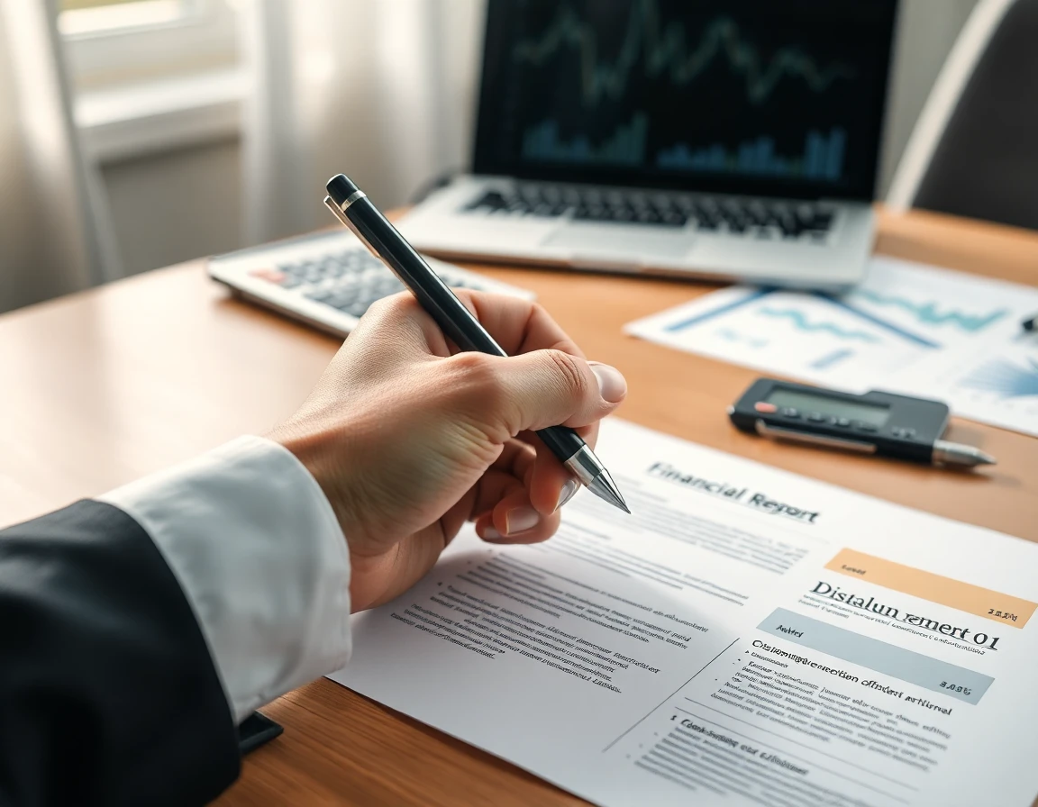 Close-up of hand holding pen over financial report with disclaimers