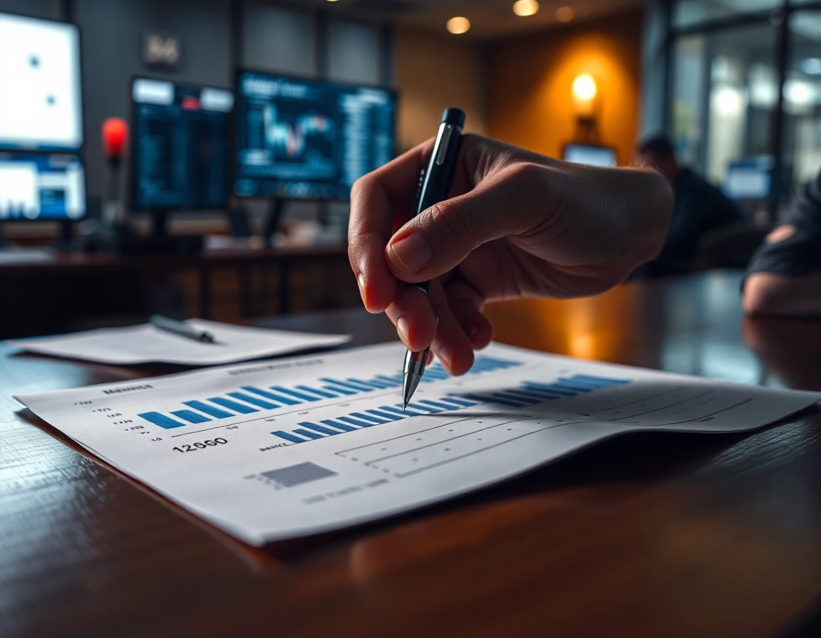 close-up of hand with pen on financial report in professional office setting
