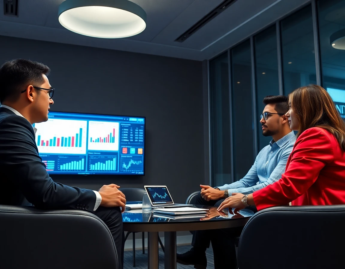 Diverse professionals discussing financial strategies in modern conference room