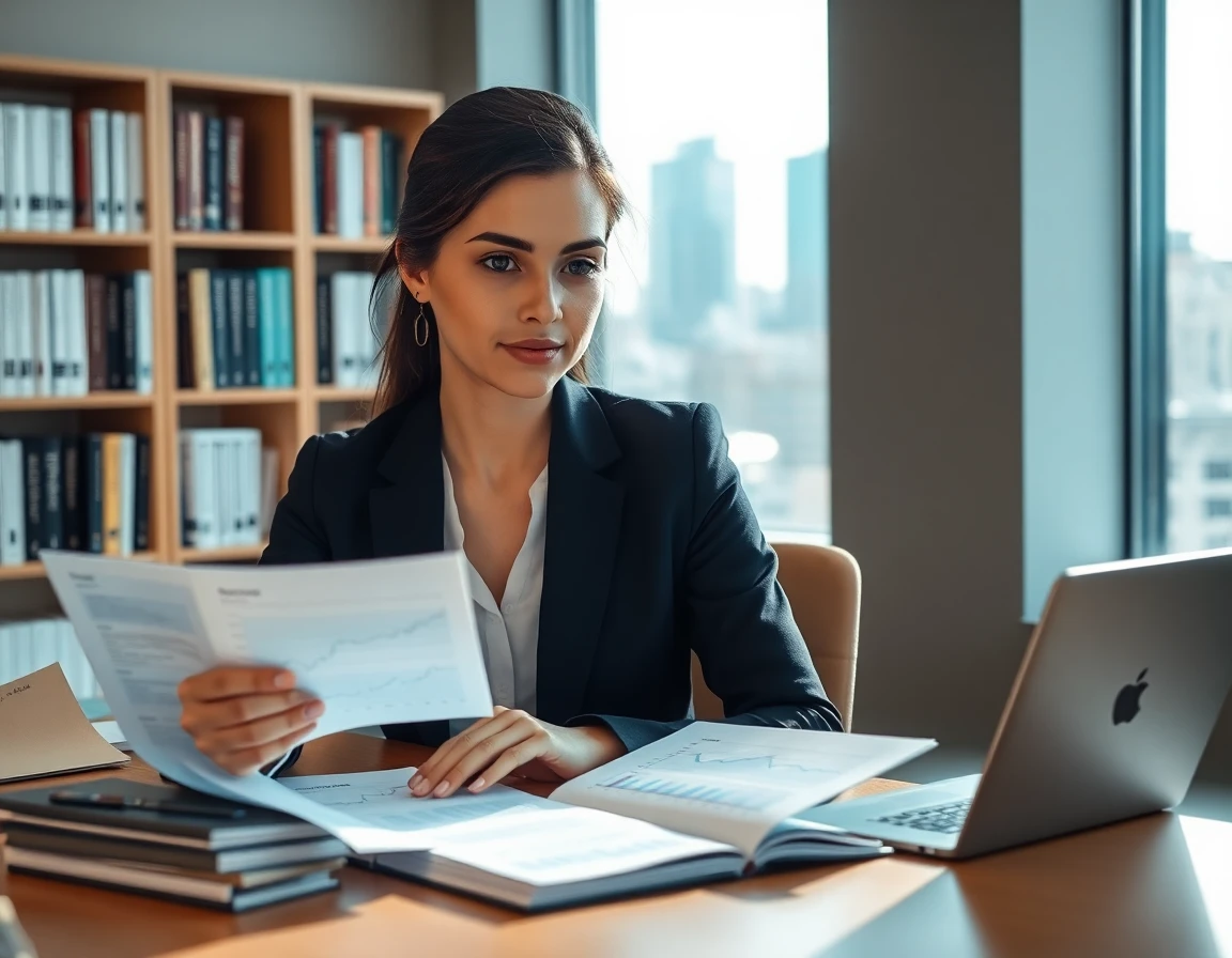Young finance writer reviewing documents at desk for guest post article