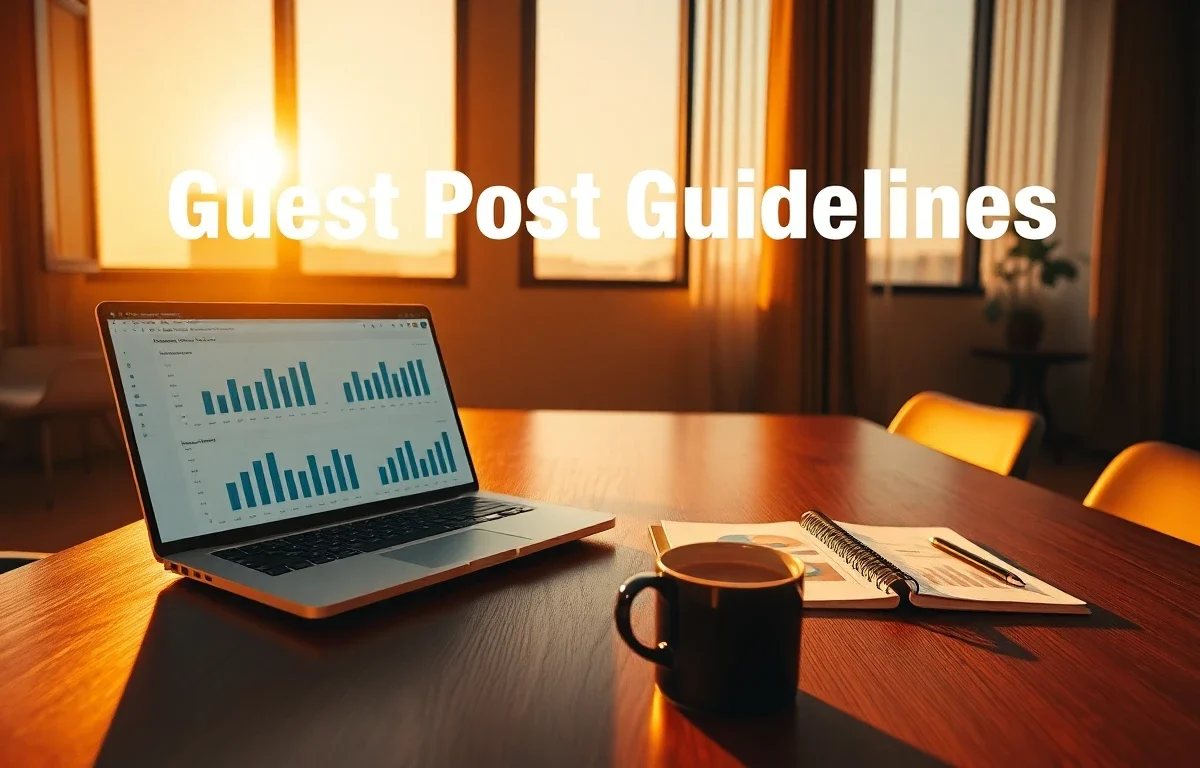 Professional workspace with financial charts and laptop for guest post guidelines banner