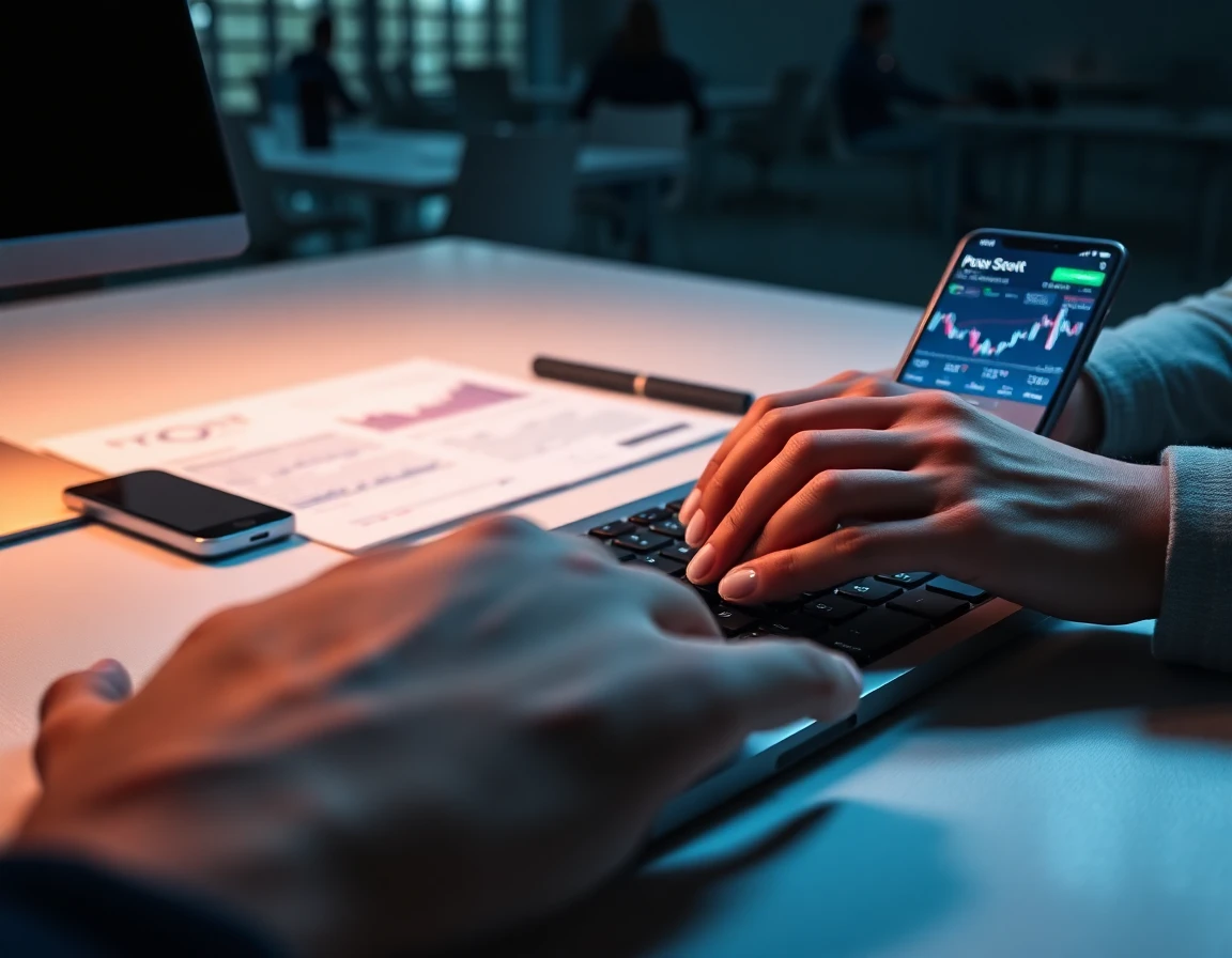 Close-up of hands typing on keyboard with financial documents and smartphone