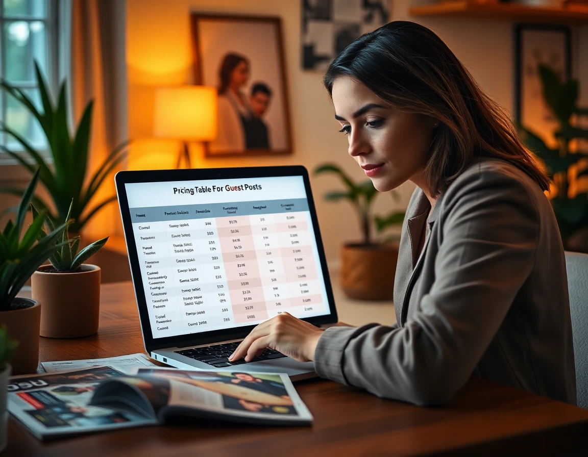 young professional analyzing guest post pricing data on laptop in modern workspace