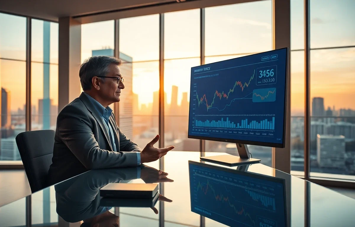 professional financial expert in sleek office with city skyline during golden hour