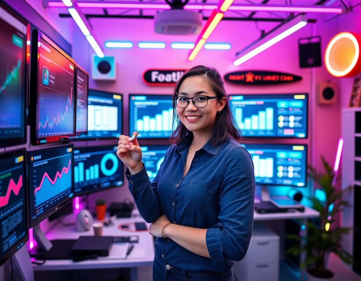 young digital marketer analyzing pricing strategies in vibrant tech workspace