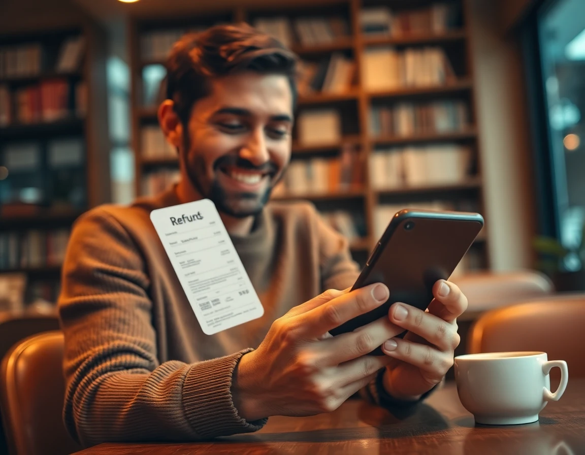 Customer reviewing refund receipt on smartphone in cozy café