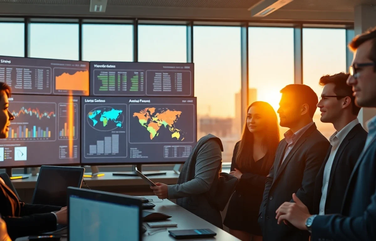 Futuristic office scene with digital sitemap diagrams and professional finance team