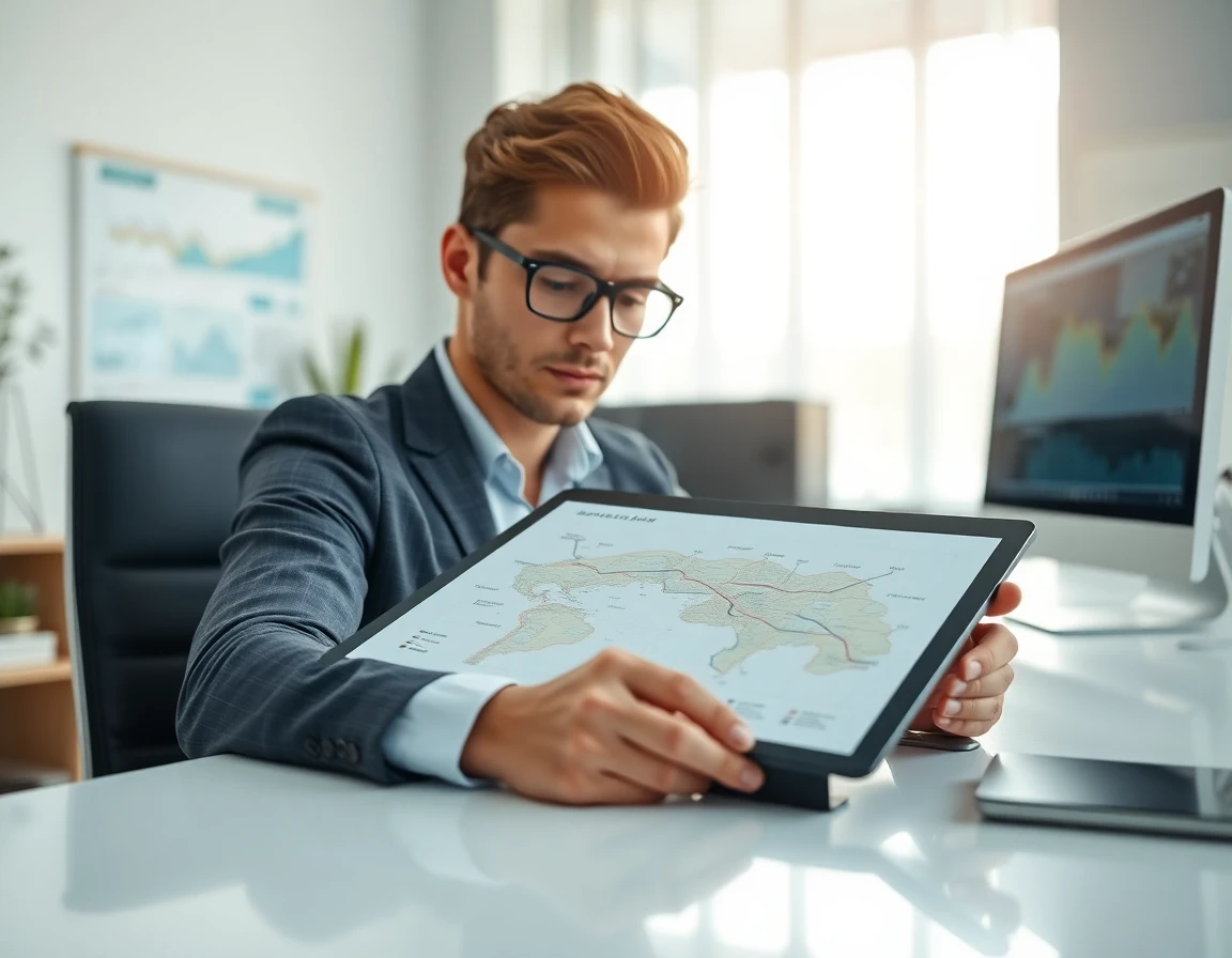 Young finance analyst examining sitemap diagram on tablet in modern office