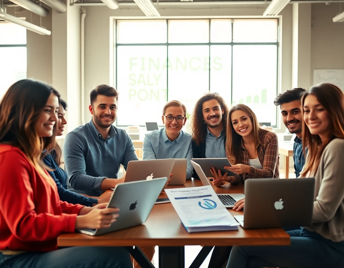 young professionals discussing finances in co-working space with laptops