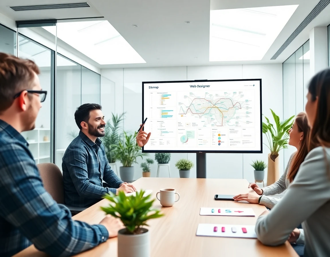 Web designer presenting sitemap diagram in modern team meeting room