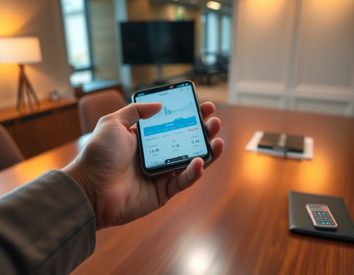 hand holding smartphone with financial app in professional workspace
