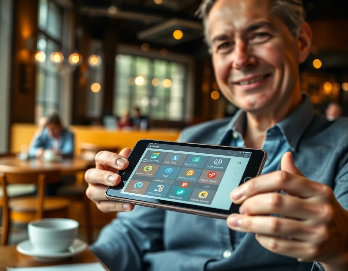 Financial consultant viewing interactive HTML sitemap on mobile device in coffee shop
