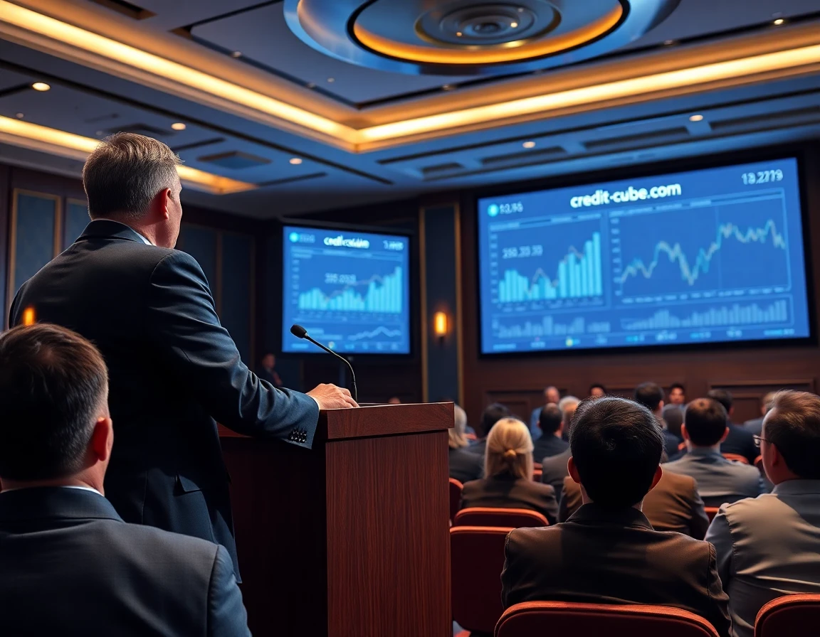 financial seminar speaker addressing audience with charts and branding